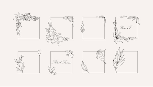 Vector flowers borders hand drawn line botanical elements frames floral decor wedding invitation decor cards and posters design objects vector contemporary botanic set