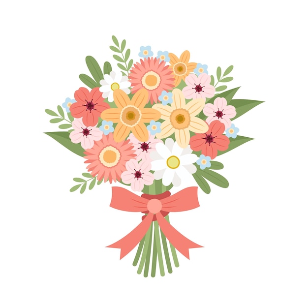 Flowers bouquet vector with daisy narcissus cherry blossom forgetmenots with ribbon Cute vector illustration in flat cartoon style