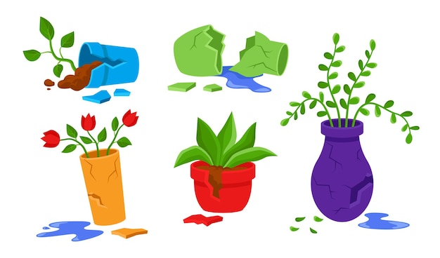 Flowers in broken pots vector illustrations set