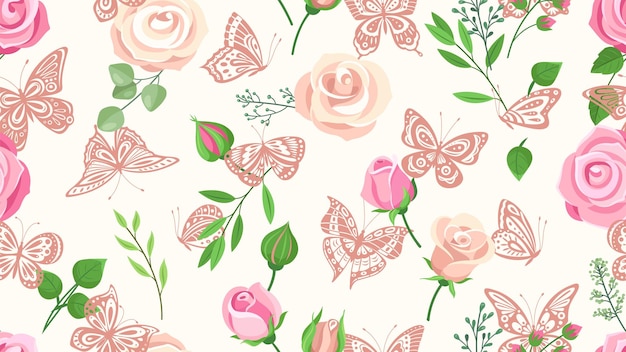 Flowers and butterflies Roses butterfly silhouettes Floral garden wallpaper Romantic girly wrapping paper or textile print Fashion plants vintage vector seamless pattern