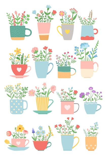 Flowers in cup summer spring set vector illustration