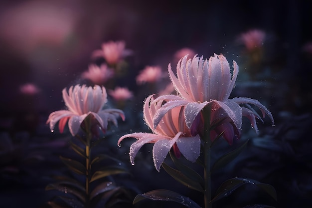 Flowers on dark background in neon light close up