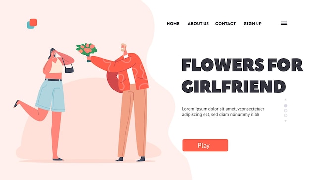 Flowers for Girlfriend Landing Page Template Young Couple Dating Cute Embarrassed Girl Receive Bouquet from Boyfriend