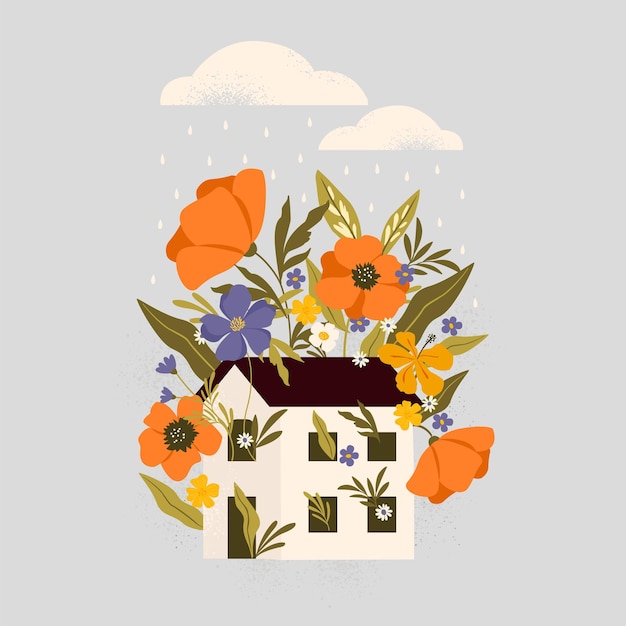 Flowers growing inside a tiny house HOME SWEET HOME Lovely house surrounded by bright colors Print card poster postcard banner design element