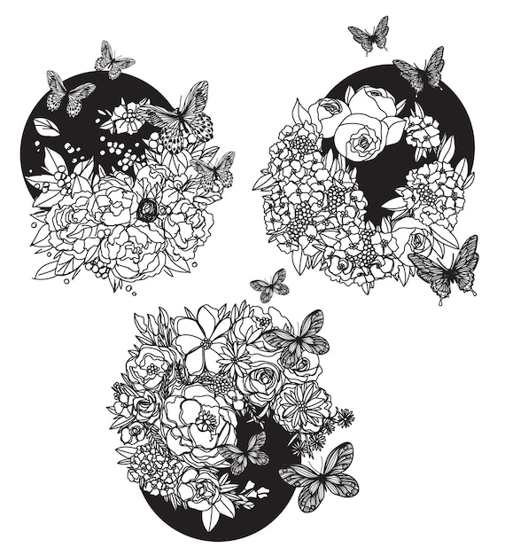 Flowers hand drawing and sketch black and white