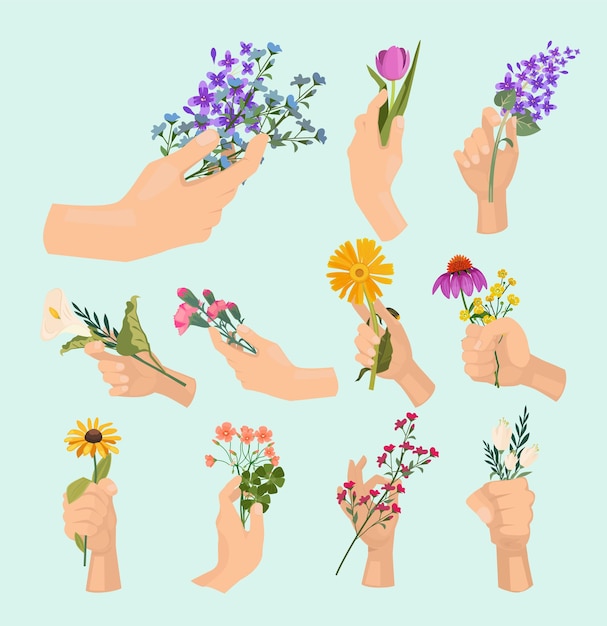 Flowers in hands. Beauty ladies hand holding various colored bouquet lady fresh plants vector cartoon collection. Flower sketch blooming, blossom botanical illustration