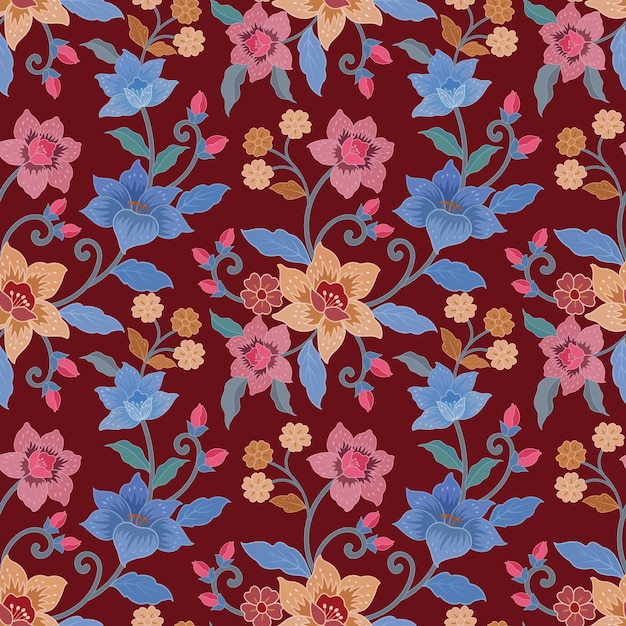 Flowers and leaf on red color background in batik style seamless pattern for print fabric textile wallpaper