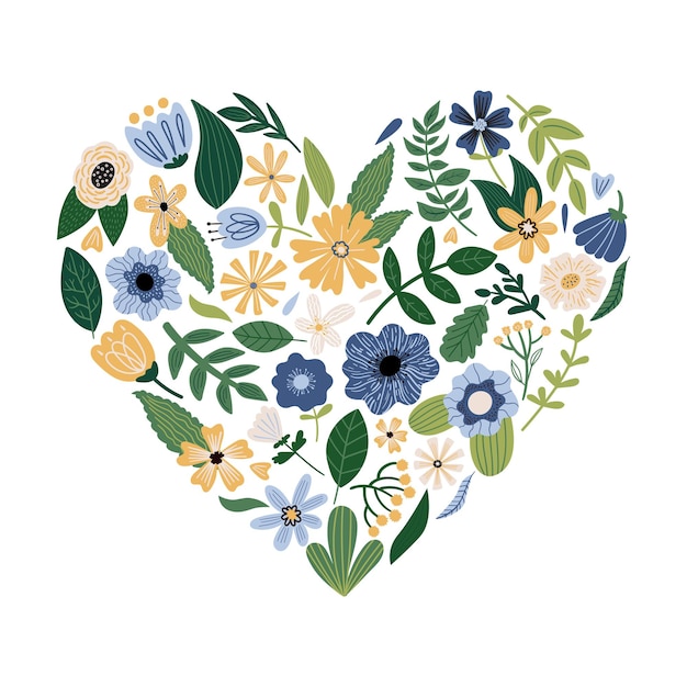 Vector flowers leaves and plants in the shape of a heart flat botanical illustration