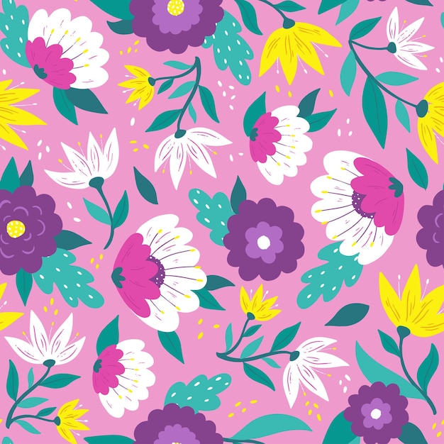 flowers and leaves seamless pattern on pink background for wrapping paper, wallpaper