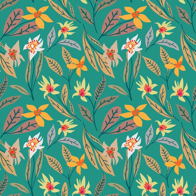 Flowers of light blue lilies with leaves and petals on a aquamarine green color background seamless pattern Vector illustration with handdrawn plants