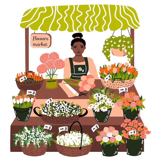 Flowers market. Stall counter with cute woman seller and buckets, baskets with different flowers. Vector