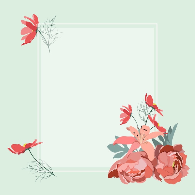 Flowers peonies and lily with a frame can be used as greeting card invitation card for wedding birthday and other holiday and summer background