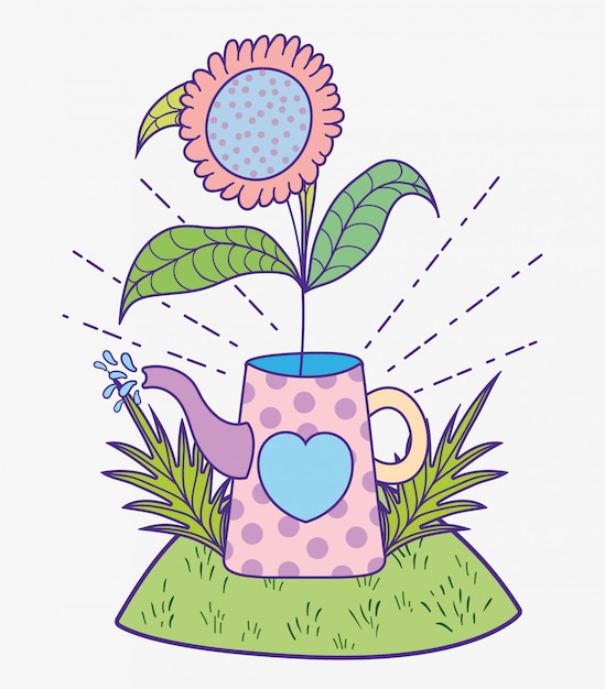 Flowers plant with leaves inside watering can