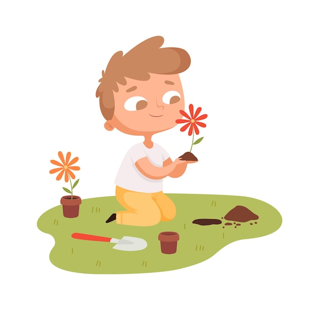 Flowers planting Boy caring plants in garden Cute cartoon baby replant flower from pot in ground vector illustration