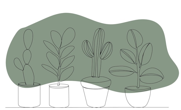 Flowers in pots continuous line drawing vector sketch