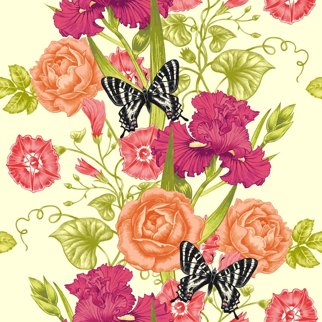 Flowers Roses Irises Bindweed Butterflies Vector Seamless Background Vintage Style