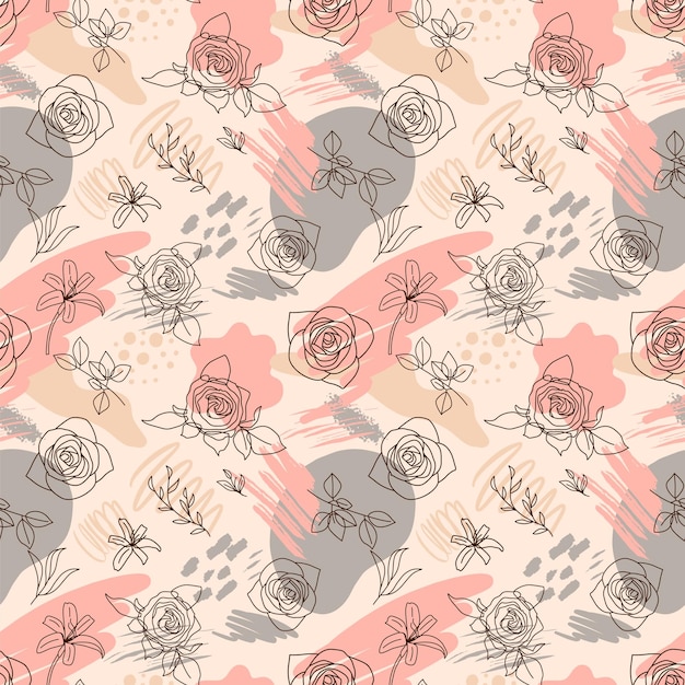 Flowers roses line pattern line illustrations with blots pencil drawing on pink and grey color