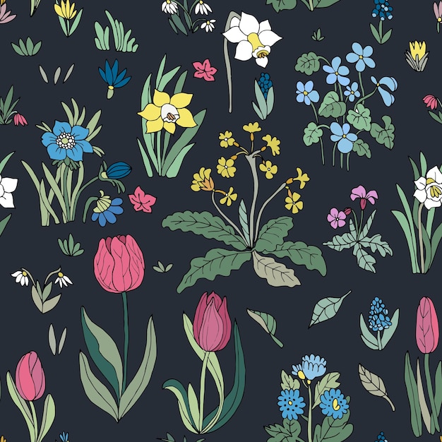 Flowers seamless pattern collection set on black background Des