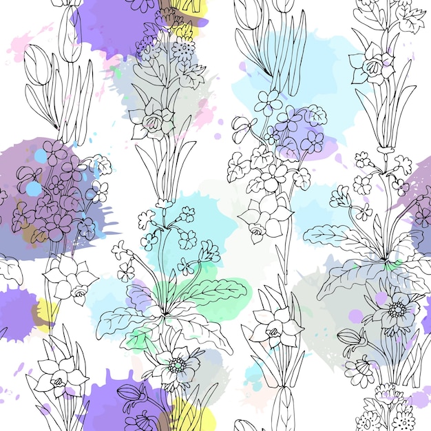 Flowers seamless pattern collection set floral cartoon set with imitation of watercolor spray Vector