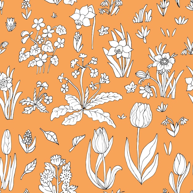 Flowers seamless pattern collection set on orange background Ve