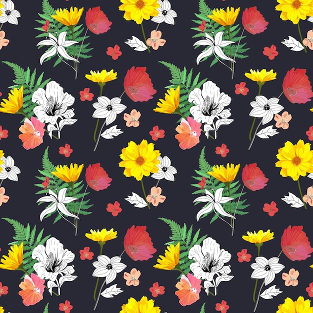 Flowers seamless pattern hand drawn for print design Vector modern pattern with colorful