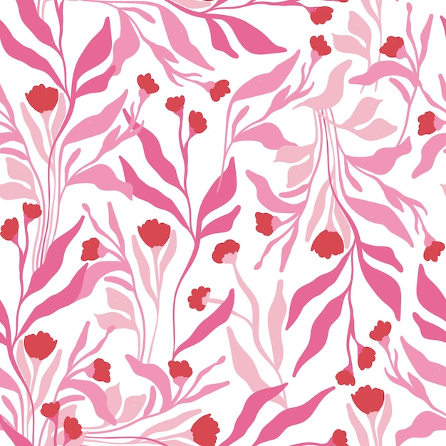 Flowers seamless pattern. Pink color. Modern trendy Matisse minimal style.