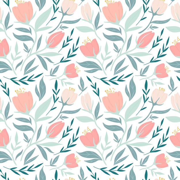 Flowers Seamless vector pattern with garden tulip plants botanical Cute pattern with pink flower