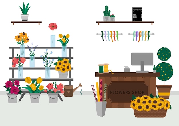 Flowers shop inside view Florist topic Vector illustration