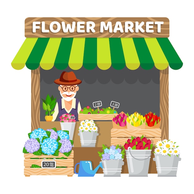 Flowers Stand, Market Flat Vector Illustration