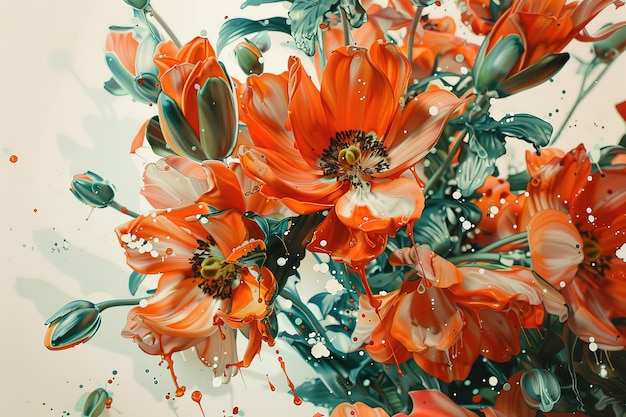 Flowers were painted with an orange brush on some paper in the style of accurate and detailed paint