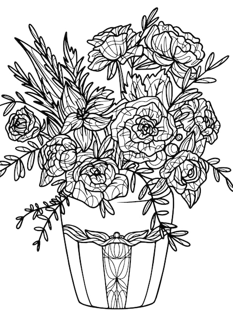 Flowers wild Rose in a vase isolated object Coloring book antistress for children and adults