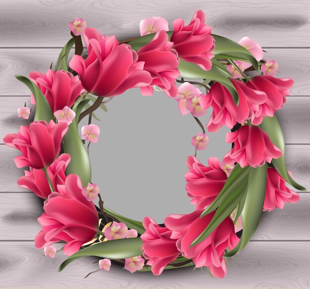 Flowers wreath frame decor on wooden texture. Realistic illustrations