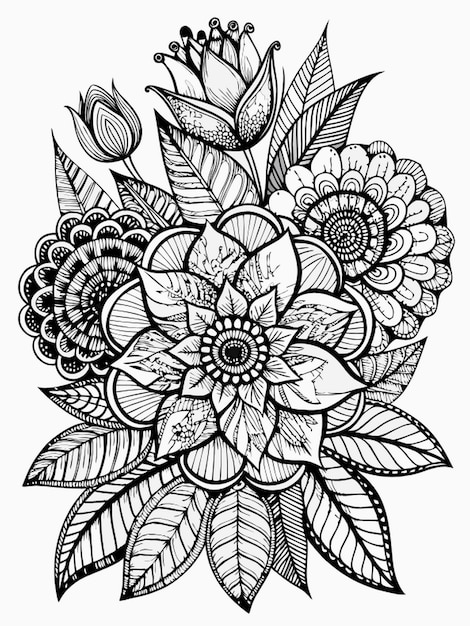 Vector flowers zentangle coloring page for adults black and white black line art