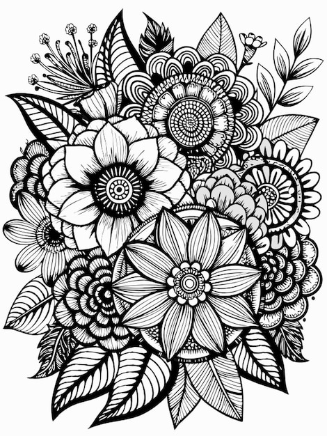 Vector flowers zentangle coloring page for adults black and white black line art