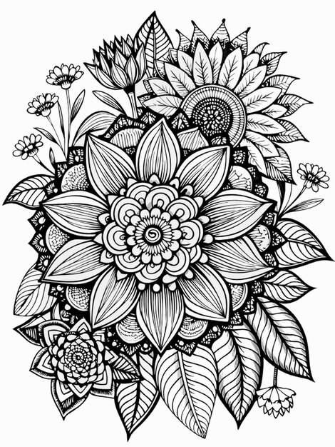 Vector flowers zentangle coloring page for adults black and white black line art