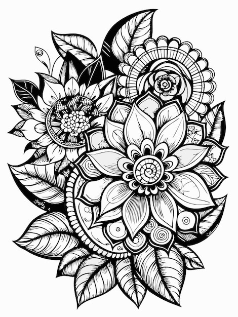 Vector flowers zentangle coloring page for adults black and white black line art