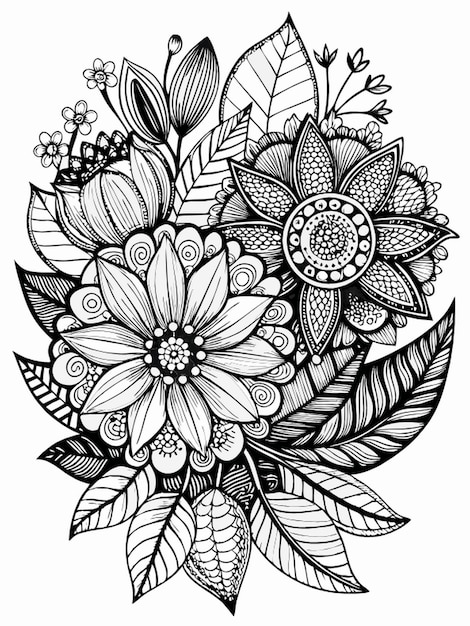 Vector flowers zentangle coloring page for adults black and white black line art