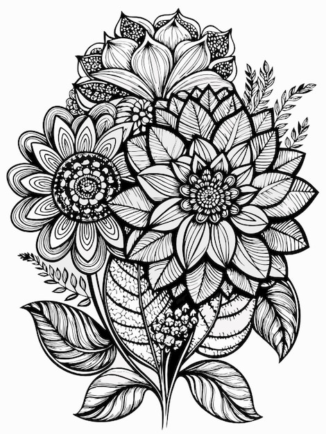 Vector flowers zentangle coloring page for adults black and white black line art