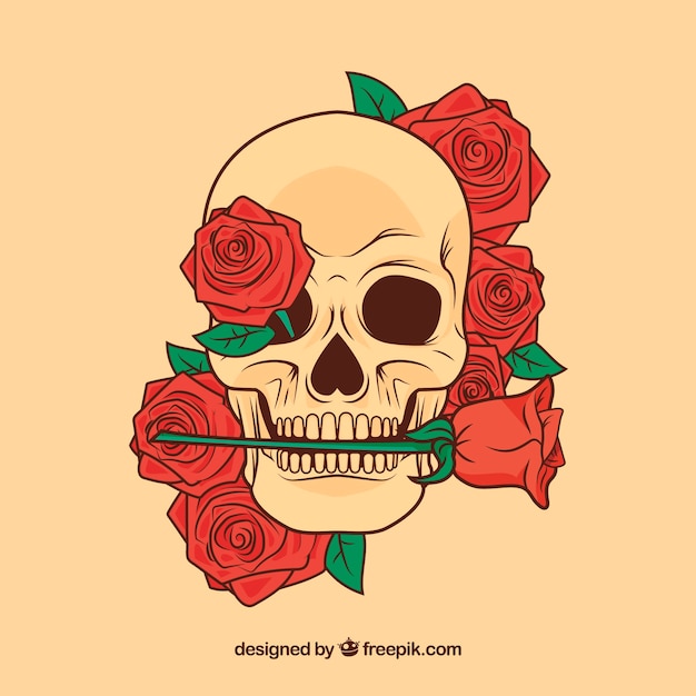 Flowery skull with a rose in the mouth