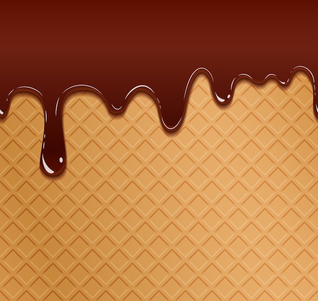 Flowing chocolate on wafer texture. Tasty sweet pattern, snack delicious background, 