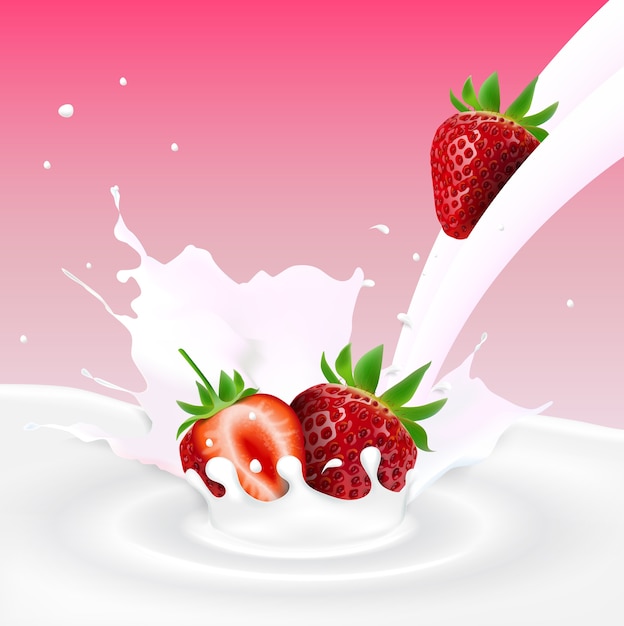 Flowing milk splash with strawberries fruits