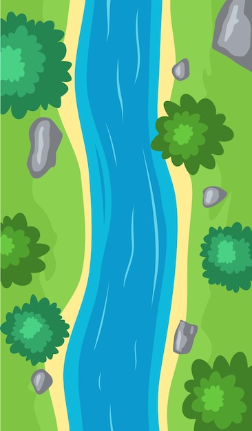 Flowing river top view, cartoon curve riverbed with blue water, coastline with stones, trees and green grass. Illustration of summer scene with brook flow with sand shore. Vector illustration.