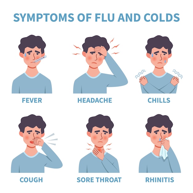 Flu symptoms. Common cold and flu symptoms infographics. Fever, cough and sore throat, snot, chills