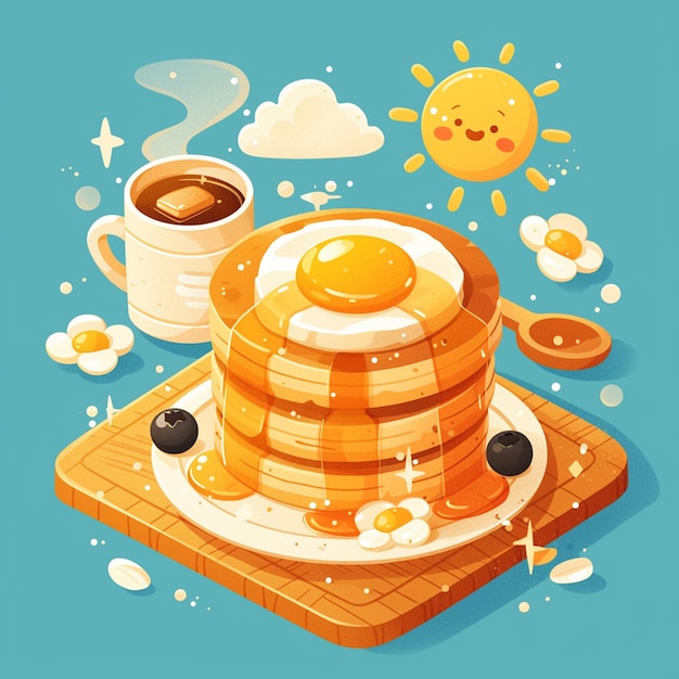 Fluffy Blueberry Pancake Breakfast Cartoon Scene