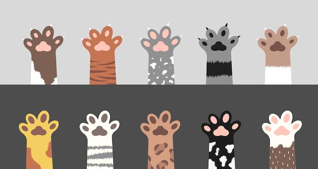 Fluffy cat paws collection. Set of cute kitten foot silhouettes.