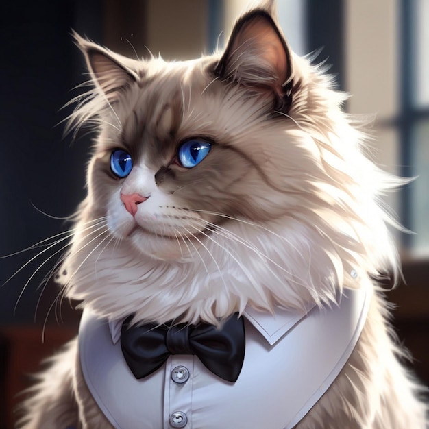 a fluffy cat wearing a white shirt with a bow tie