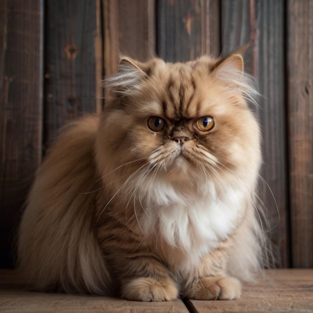 a fluffy cat with a fluffy face sits on a wooden floor