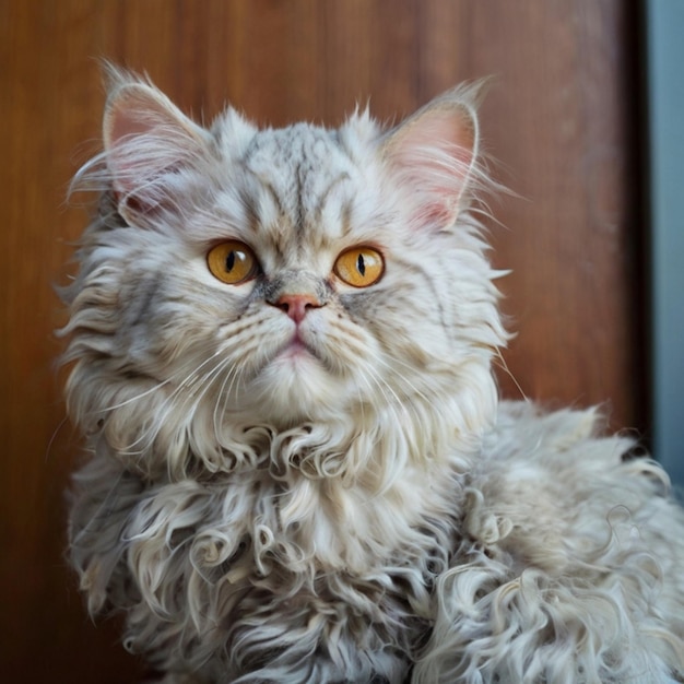 a fluffy cat with yellow eyes and a pink nose