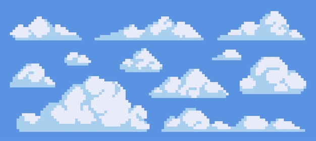 Fluffy clouds pixel art icon set Smoke or fog sky elements logo collection