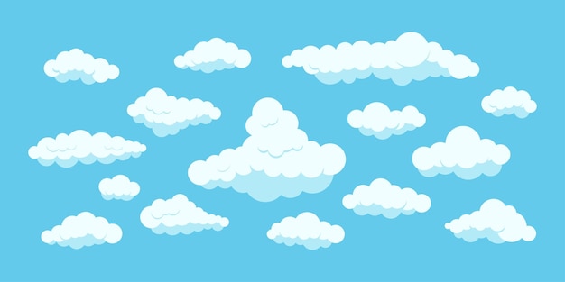 Fluffy clouds set isolated on blue heaven background